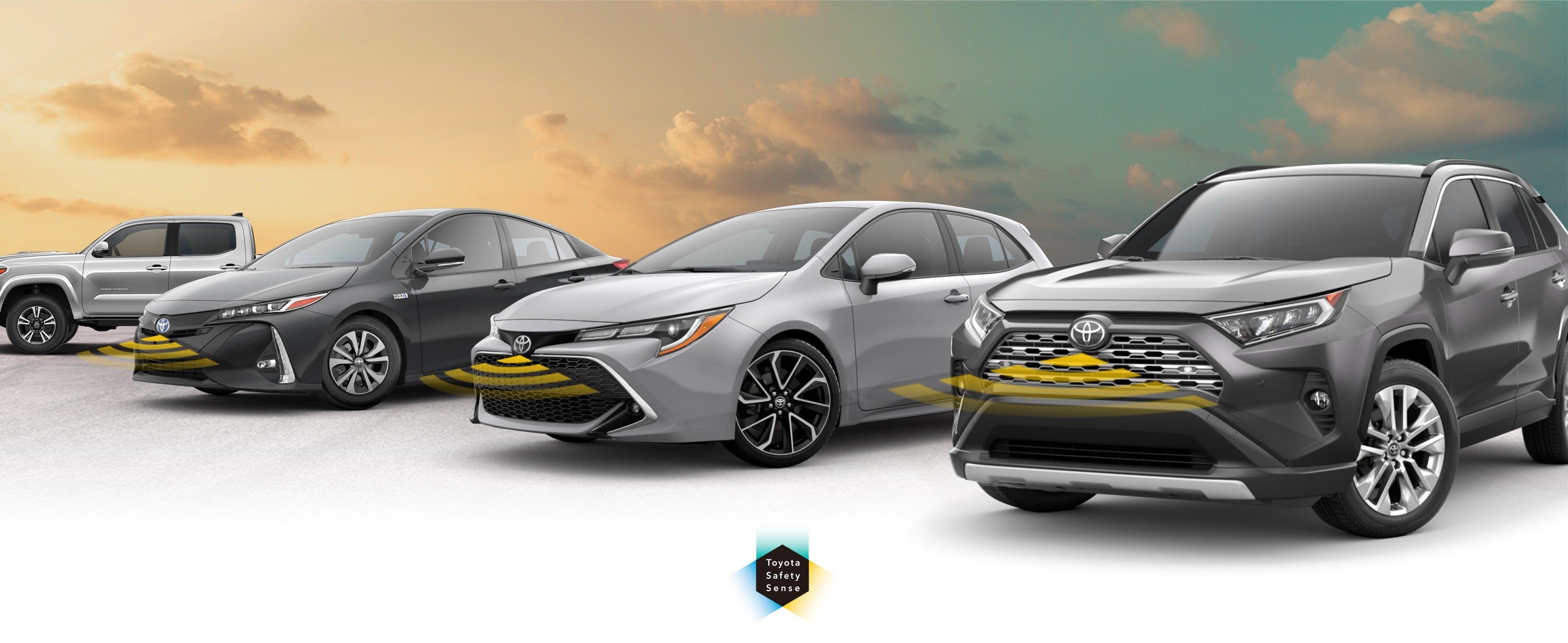 Toyota Safety Sense: Designed for Safety. Options shown on Toyota models including RAV4, Tacoma, and Camry, available now at Four Stars Toyota in Altus OK.